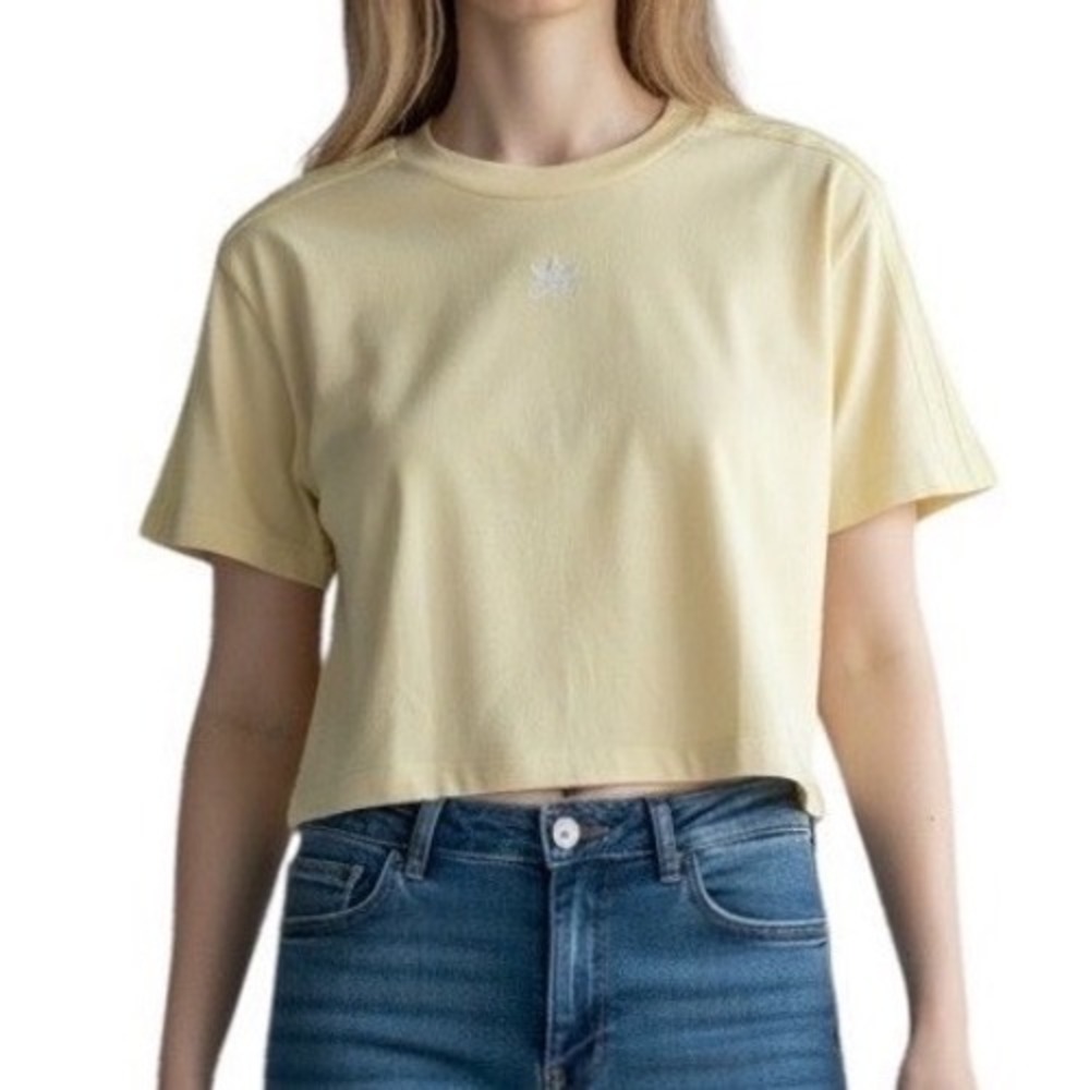 Adidas‎ Originals Cropped T-Shirt Pale Yellow Trefoil Logo 3-Stripe Womens Small